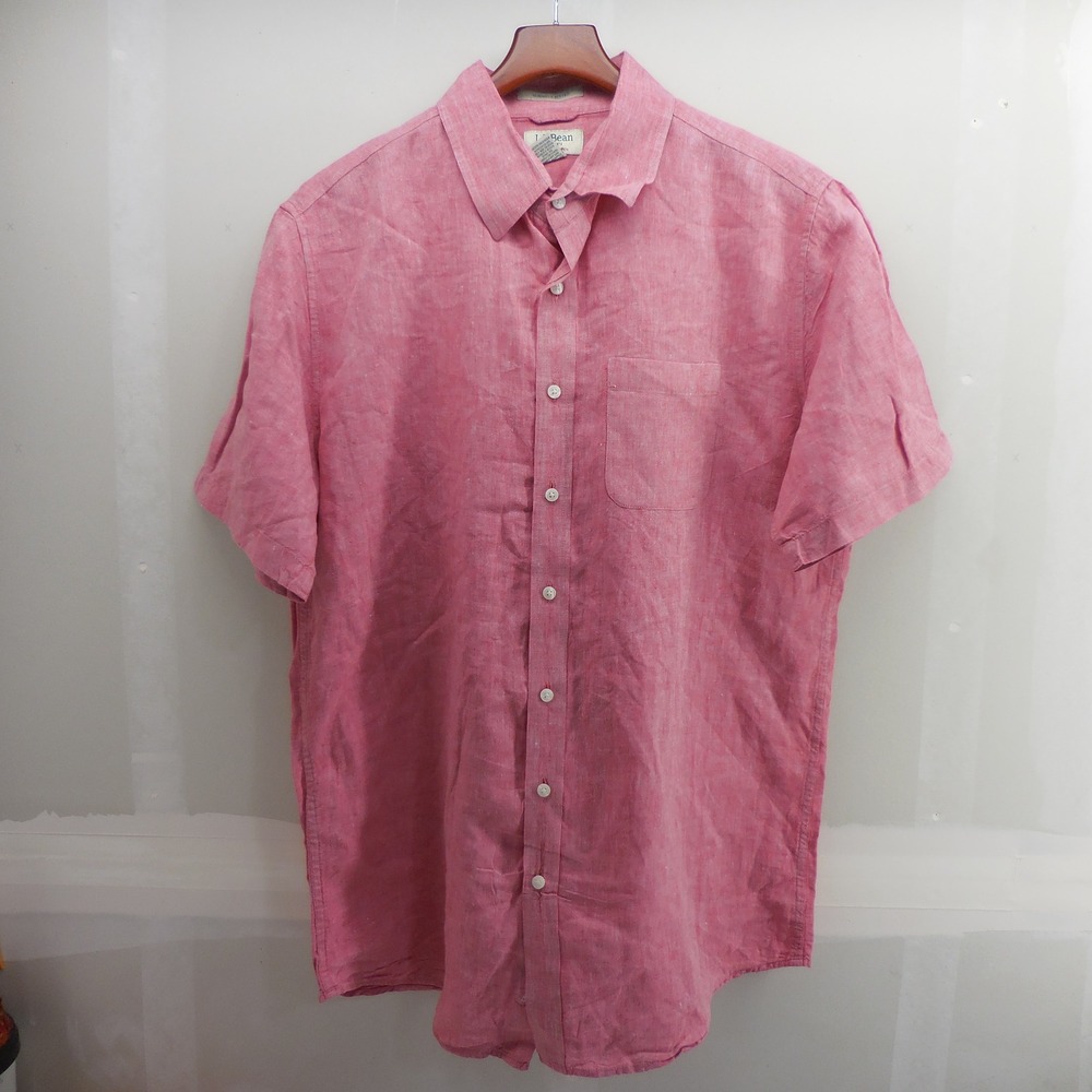 LL Bean Mens Classic Linen Shirt Large Tall Slightly Fitted Pink Short Sleeve